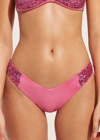 Abajo De Bikini Calzedonia Sequined High-Cut Brazilian Cannes Cheeky Mujer Rosas | CO2645SO