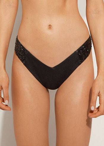 Abajo De Bikini Calzedonia Sequined High-Cut Brazilian Cannes Cheeky Mujer Negras | CO2646AP