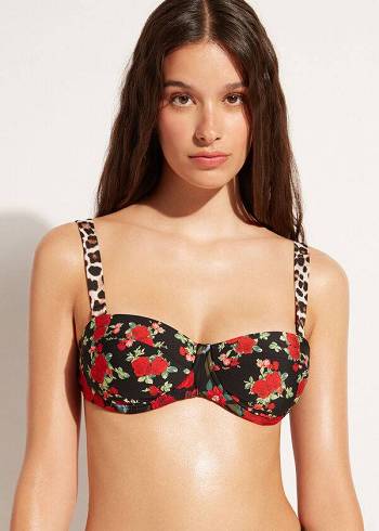 Arriba De Bikini Calzedonia Bandeau Lightly Acolchado Nizza Mujer Rosas Negras | CO2497AP