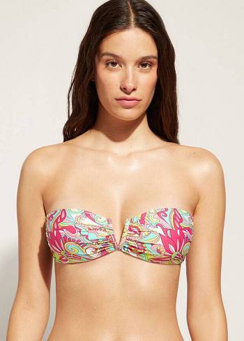 Arriba De Bikini Calzedonia Bandeau Londra Mujer Rosas | CO2495DN