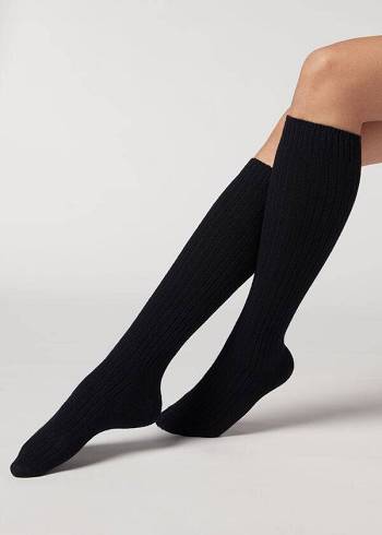 Calcetines Calzedonia Acanalado Long with Lana and Cashmere Mujer Azules | CO1934DN