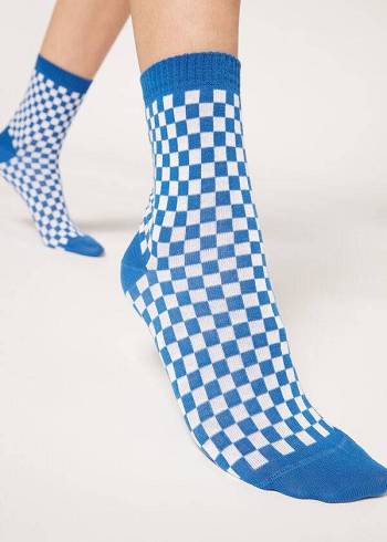 Calcetines Calzedonia Checkered Pattern Corta Mujer Azules | CO1826OR