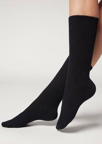 Calcetines Calzedonia Corta Acanalado with Lana and Cashmere Mujer Azules | CO1673SO