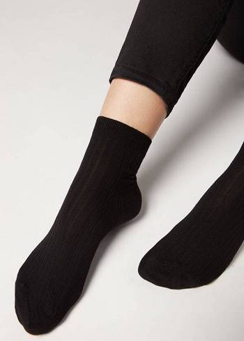 Calcetines Calzedonia Corta Acanalado with Algodon and Cashmere Mujer Negras | CO1677HK