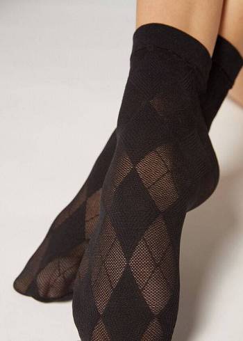 Calcetines Calzedonia Corta in Diamond Motif Mesh Mujer Negras | CO1689WY