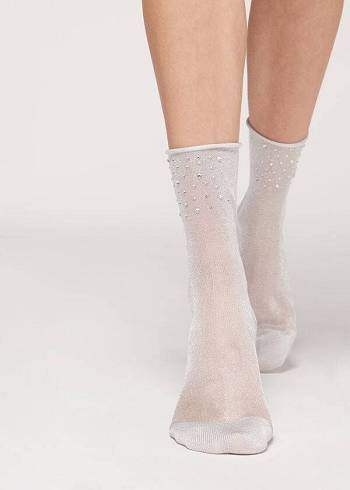 Calcetines Calzedonia Corta with Glitter and Crystals Mujer Blancas | CO1663WY