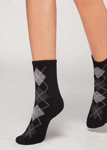 Calcetines Calzedonia Diamond-Pattern Cashmere Corta Mujer Negras Gris | CO1780GL