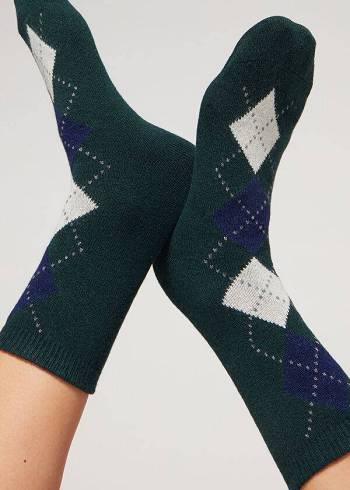 Calcetines Calzedonia Diamond-Pattern Cashmere Corta Mujer Verde Oliva | CO1785ZG