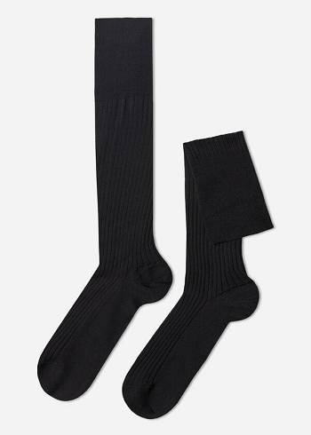 Calcetines Calzedonia Lisle Thread Acanalado Long Hombre Negras | CO1435IS