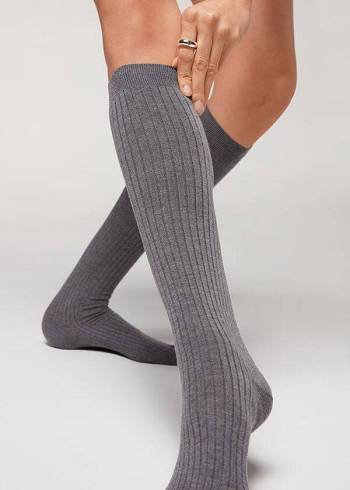 Calcetines Calzedonia Long Acanalado Cashmere Mujer Gris | CO1947MA