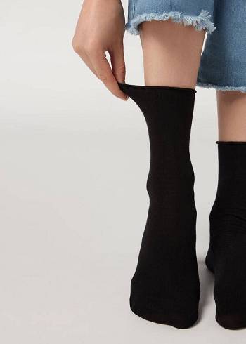 Calcetines Calzedonia Non-Elastic Algodon Ankle Corta Mujer Negras | CO1734XF