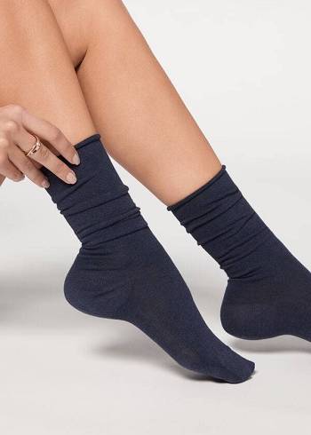 Calcetines Calzedonia Smooth Algodon Mid-Calf Long Mujer Azul Marino | CO1930OR