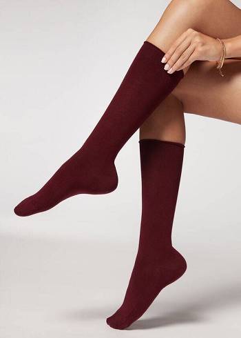 Calcetines Calzedonia Smooth Algodon Mid-Calf Long Mujer Rojas | CO1932AP