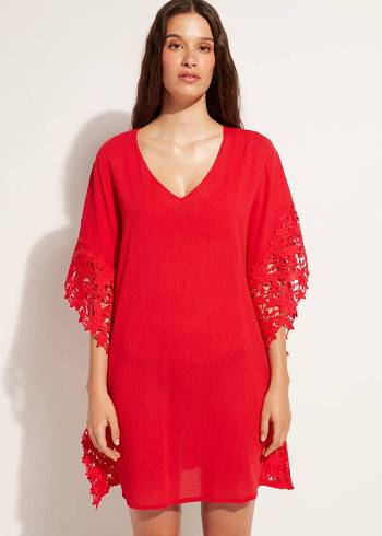 Cubrirlos Calzedonia Floral Macramé Encaje Caftan Mujer Rojas | CO2111IS