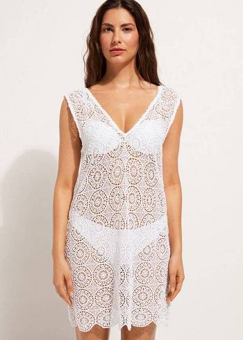 Cubrirlos Calzedonia Geometric Crochet Vestido Mujer Blancas | CO2108TV