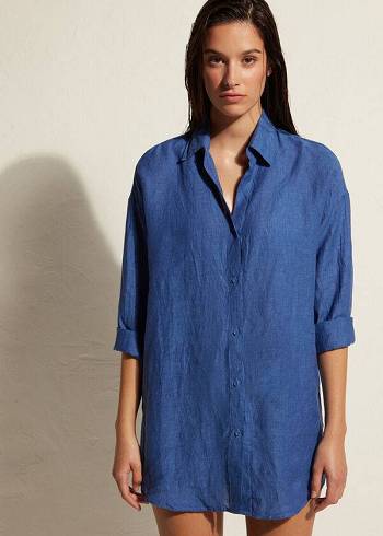 Cubrirlos Calzedonia Linen Shirt Mujer Azules | CO2100VD