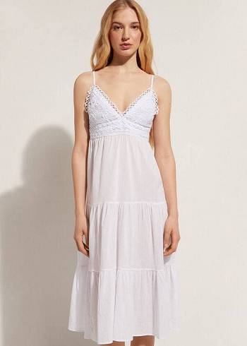 Cubrirlos Calzedonia Midi Vestido in Macramé Encaje and Ruffled Skirt Mujer Blancas | CO2087PQ