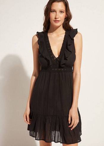 Cubrirlos Calzedonia Mini Vestido with Ruffle and Passementerie Mujer Negras | CO2085IS