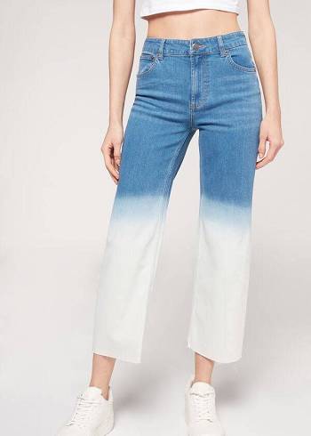 Jeans Calzedonia Cropped Directo-Leg Mujer Azules Blancas | CO1625HK