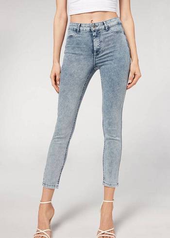 Jeans Calzedonia Faded Flaco Push-Up Mujer Azules | CO1601KI