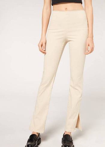 Jeans Calzedonia High-Cintura Flared in Denim with Slits Mujer Marrones Beige | CO1591IS