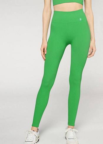 Leggins Calzedonia Fine Acanalado Seamless Deporte Mujer Verde | CO1539IS