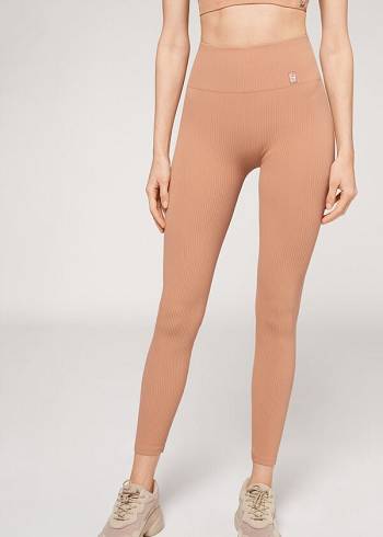 Leggins Calzedonia Fine Acanalado Seamless Deporte Mujer Beige | CO1540OR