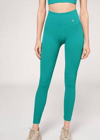 Leggins Calzedonia Fine Acanalado Seamless Deporte Mujer Turquesa | CO1545FM