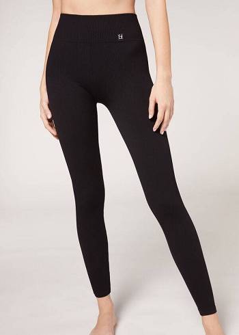 Leggins Calzedonia Fine Acanalado Seamless Deporte Mujer Negras | CO1546GL