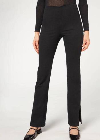 Leggins Calzedonia High-Cintura Flared in Denim with Slits Mujer Negras | CO1532QZ