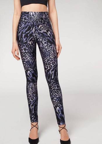 Leggins Calzedonia Shiny Animal-Print Atléticos Mujer Azules Gris | CO1511YU