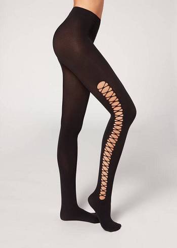 Mallas Calzedonia Crisscross Cut-Out Opaque 90 Denier Patterned Mujer Negras | CO3101IS