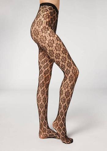 Mallas Calzedonia Floral-Motif Fishnet Patterned Mujer Negras | CO3090LH