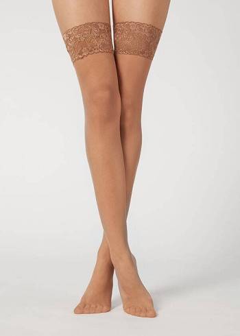 Medias Calzedonia 20 Denier Sheer Thigh-Highs Mujer Kaki | CO2942NB