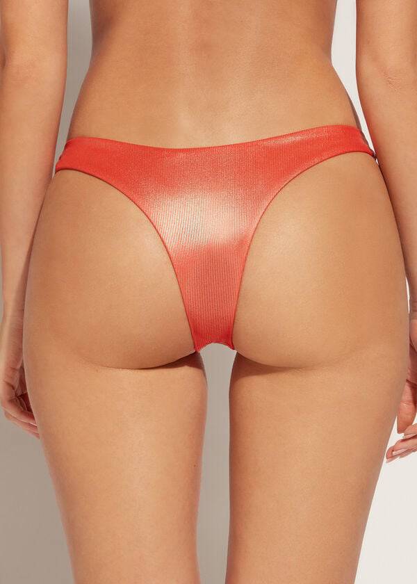 Abajo De Bikini Calzedonia Coated-Effect High-Cut Brazilian Antigua Mujer Coral Naranjas | CO2827BC