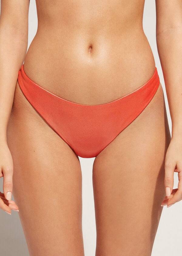 Abajo De Bikini Calzedonia Coated-Effect High-Cut Brazilian Antigua Mujer Coral Naranjas | CO2827BC