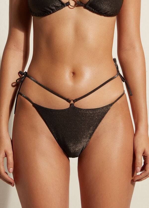 Abajo De Bikini Calzedonia Lamé Brazilian Side String Hollywood Mujer Negras | CO2706RW