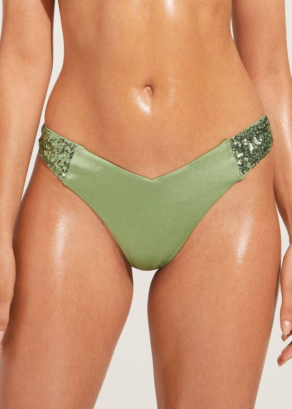 Abajo De Bikini Calzedonia Sequined High-Cut Brazilian Cannes Mujer Verde | CO2647PQ