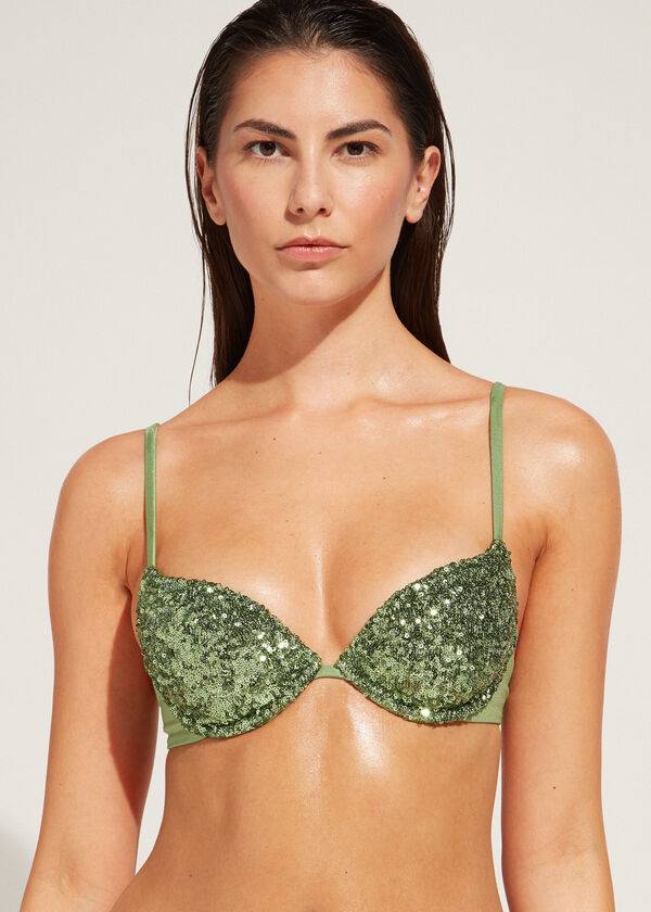 Arriba De Bikini Calzedonia Acolchado Push-Up Cannes rosa Mujer Verde | CO2349EX