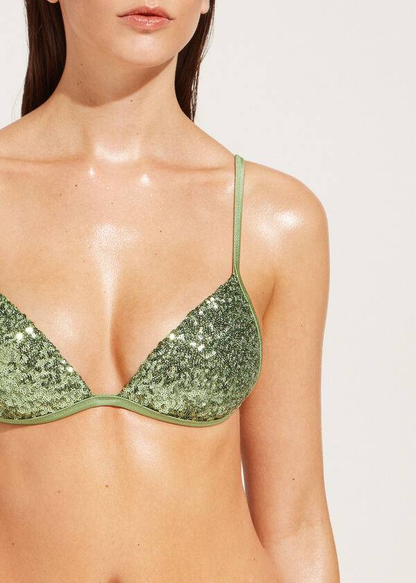 Arriba De Bikini Calzedonia Graduated Acolchado Triangle Cannes Mujer Verde | CO2459VD