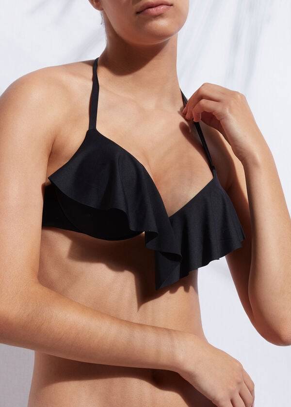 Arriba De Bikini Calzedonia Indonesia Ultra Push Up Ruffle Mujer Negras | CO2415GL