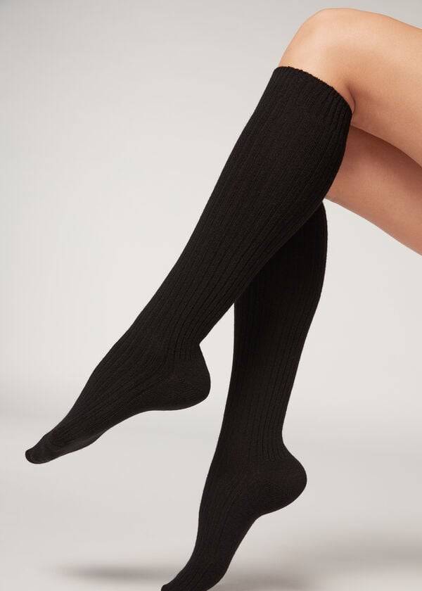 Calcetines Calzedonia Acanalado Long with Lana and Cashmere Mujer Negras | CO1935FM