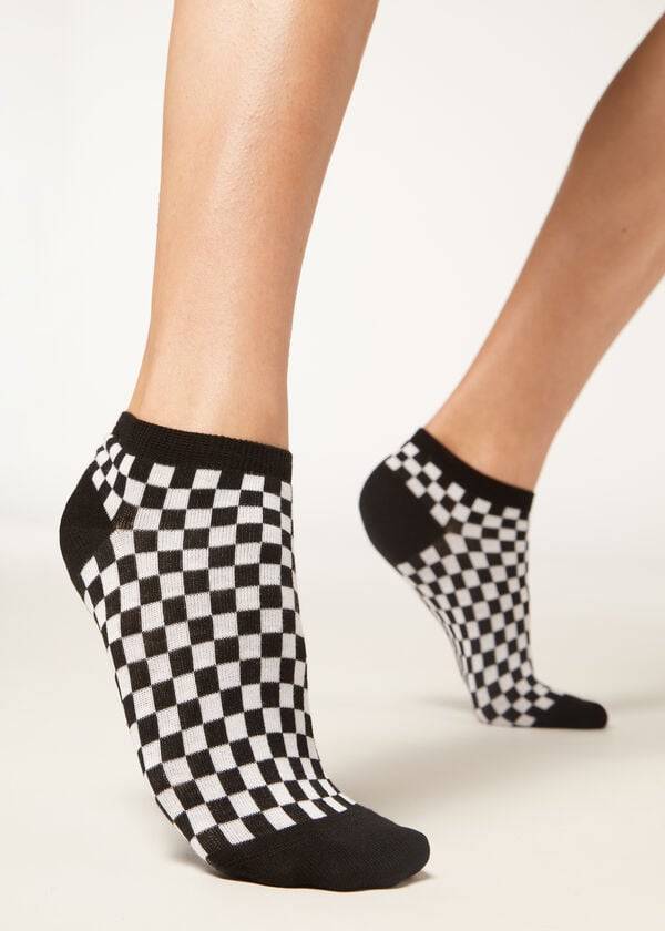 Calcetines Calzedonia Checkered No-Show Mujer Negras | CO1918VD