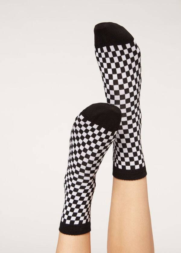 Calcetines Calzedonia Checkered Pattern Corta Mujer Negras | CO1828AP