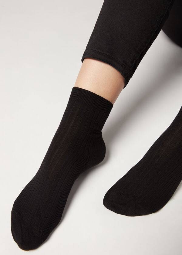 Calcetines Calzedonia Corta Acanalado with Algodon and Cashmere Mujer Negras | CO1677HK