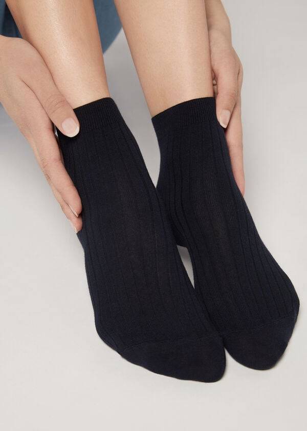 Calcetines Calzedonia Corta Acanalado with Algodon and Cashmere Mujer Azules | CO1679KI