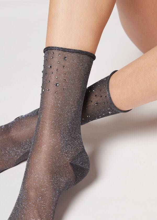 Calcetines Calzedonia Corta with Glitter and Crystals Mujer Negras | CO1662QZ