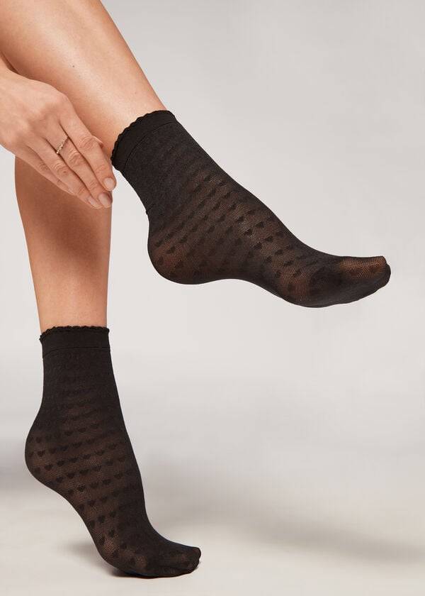 Calcetines Calzedonia Heart Motif Mesh Corta Mujer Negras | CO1748OR