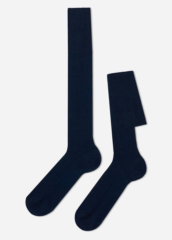 Calcetines Calzedonia Lisle Thread Acanalado Long Hombre Azul Marino | CO1437PQ