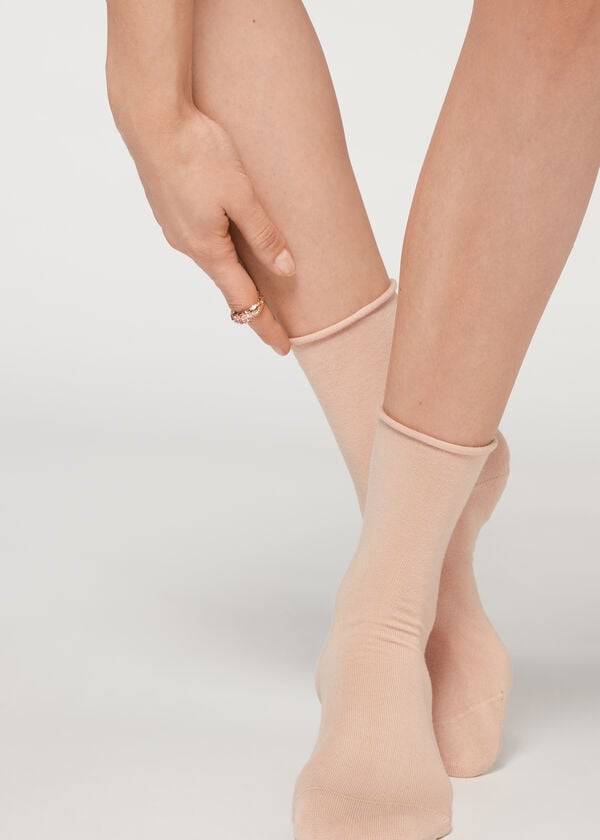 Calcetines Calzedonia Non-Elastic Algodon Ankle Corta Mujer Beige | CO1731KI